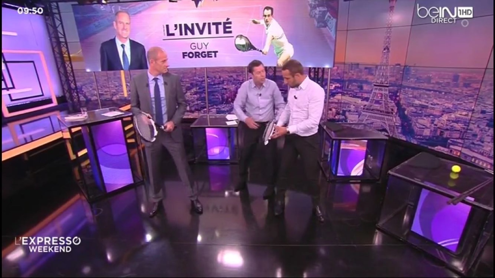 Thomas Desson sur le plateau de L'Expresso Weekend sur beIN SPORTS, avec Guy Forget